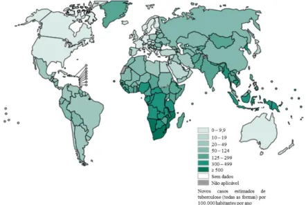 Figura 1. Incidência global da tuberculose em 2014. Número de novos casos por 100.000 habitantes por  ano [88]