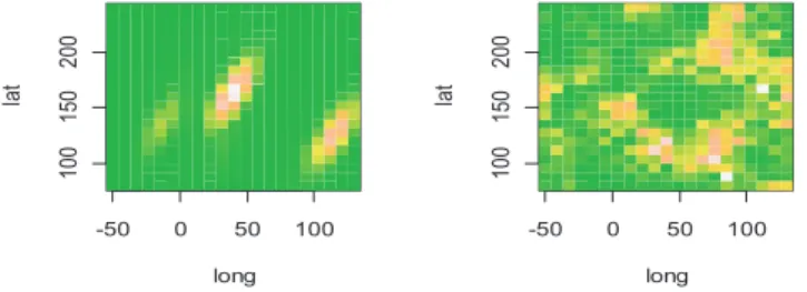 Fig 5. Output of the generate max-stable random field using estimated parameteres of Smith model, with Gaussian  correlation (a) and Schalter model with power correlation (b)
