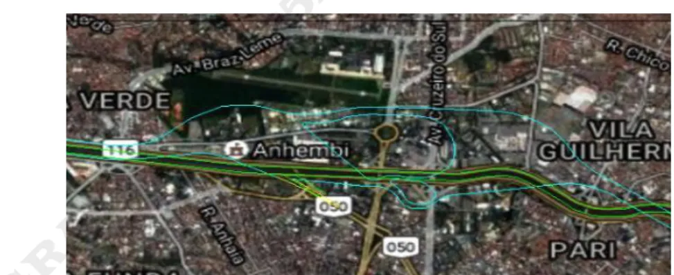 Figura 9: sobreposição entre traçado do projeto Brito (Azul claro) e do projeto Cintra (Verde) na região  da Ponte das Bandeiras