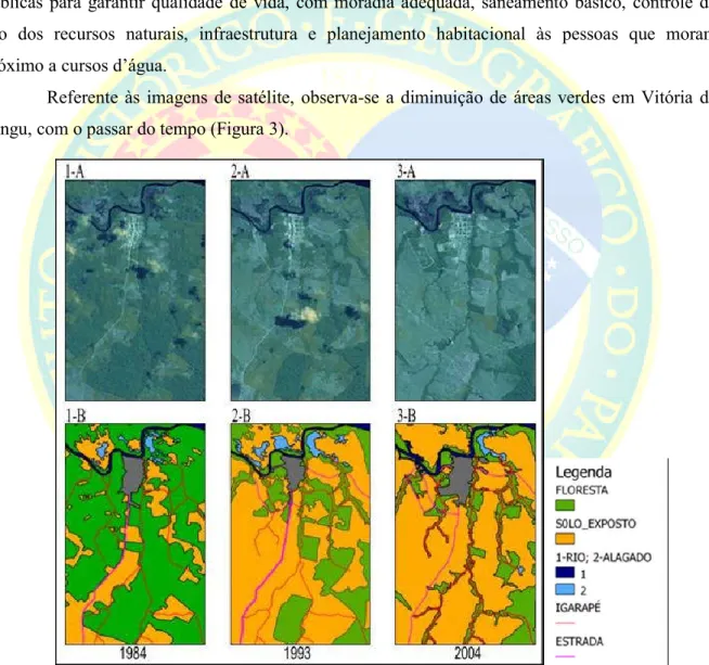 Figura 3 – Imagens de satélite dos anos 1984, 1993 e 2004 (1A, 2A e 3A) e representação esquemática dos respectivos  anos  (1B,  2B  e  3B)  da  área  de  Vitória  do  Xingu