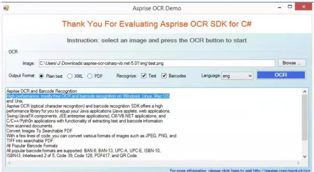 Figura 2.4 – Recorte de um  screenshot  do vídeo da demo do Asprise OCR, onde se pode constatar o correto  reconhecimento da imagem da Figura 2.3 [15]