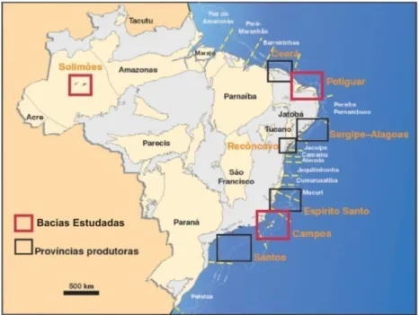 Figura 1-1.1 - Localização das bacias produtoras de petróleo no Brasil, destacando (polígonos  vermelhos) as bacia do Solimões , Potiguar e Campos (fonte: PETROBRAS)
