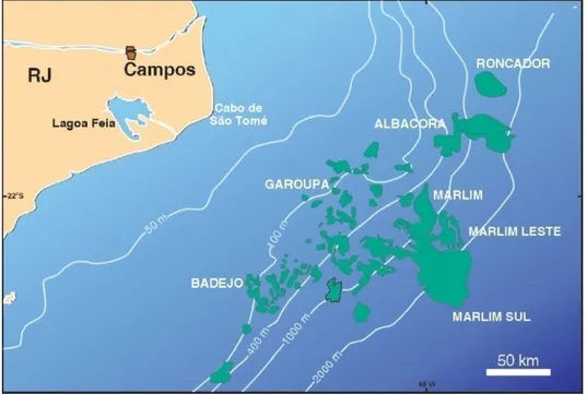 Figura 2-10.  Localização da Bacia de Campos e seus campos exploratórios de petróleo. 
