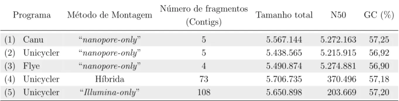 Tabela 4.3 - Estat´ısticas gerais de todas as montagens de genoma do isolado Kp31 Programa M´ etodo de Montagem N´ umero de fragmentos
