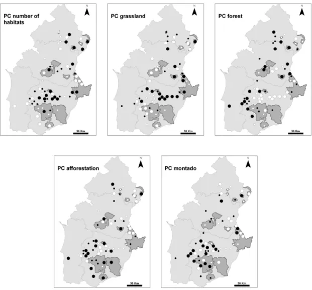 Fig. 3. Site coordinates along the five first axes of a Principal Components Analysis to summarise land cover  information in sites where little bustards occurred in Alentejo