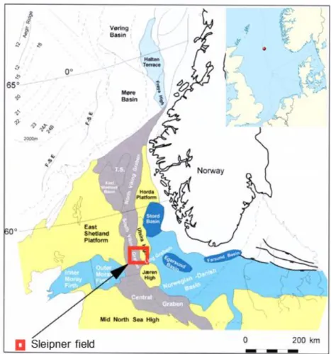 Figure 4 - Regional structure map of the northern North Sea and Norwegian continental margin, with the outline of Sleipner  field (modified from Kennett, 2008)