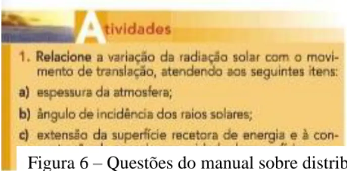Figura 6 – Questões do manual sobre distribuição  da radiação solar (Zêzere &amp; Lemos, 2016, p