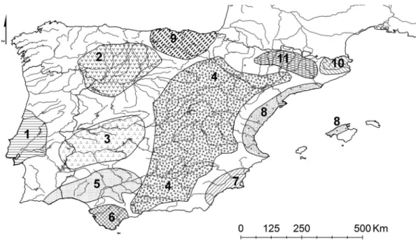 Figure 2. Distribution of Iberian associations of Poupulenion albae: (1) Clematido campaniflorae-S