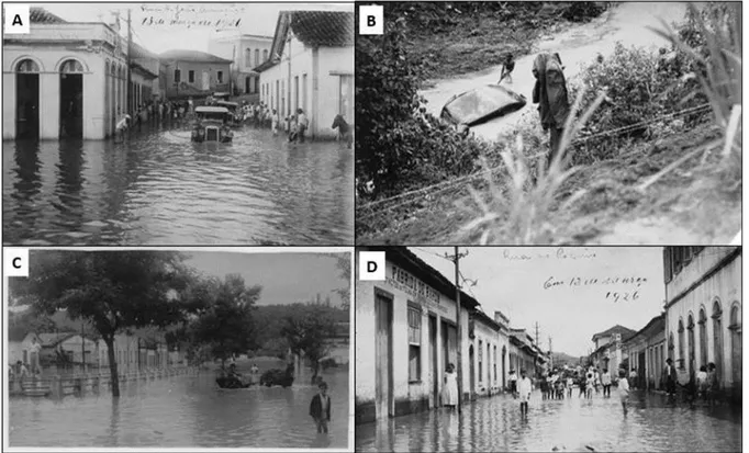 Figura 2. (A) Rua Armação, atual Av. Constantino Pinto, em inundação em 13 de março de 1926; (B) Inundação em antiga zona rural do município de  Muriaé, em que se observa a água chegar à altura de um carro, sem data registrada; (C) Rua de Muriaé atingida p
