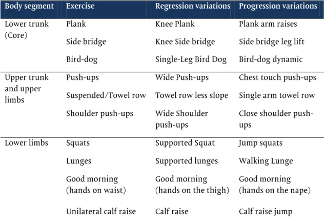 Table I - Calisthenics strength training program based on ACSM’s recommendation