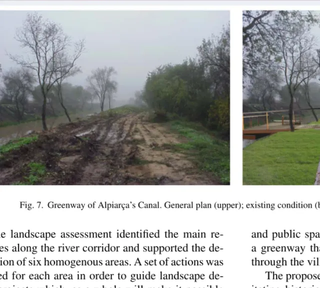 Fig. 7. Greenway of Alpiarc¸a’s Canal. General plan (upper); existing condition (bottom left); proposal (bottom right).