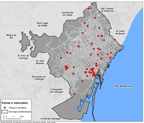 Figura 2 - Localização das feiras da cidade de Barcelona, 2018. Fonte: Elaboração própria 