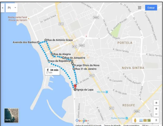 Figura 2 – Mapa do Percurso da Procissão de N.ª S.ª da Assunção  Fonte: Google Maps 