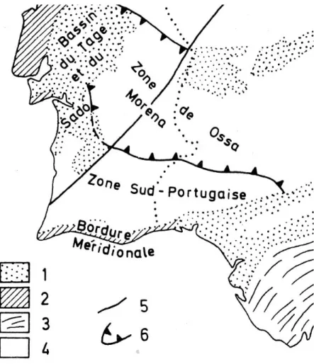 Figura 1 - As regiões estruturais do sul de Portugal segundo RIBEIRO et al. (1979). 1 – bacia  sedimentar terciária e quaternária; 2 – bordadura sedimentar secundária; 3 - cadeia alpina; 4 – soco  hercínico; 5 - falha tardi-hercínica; 6 – cavalgamento herc