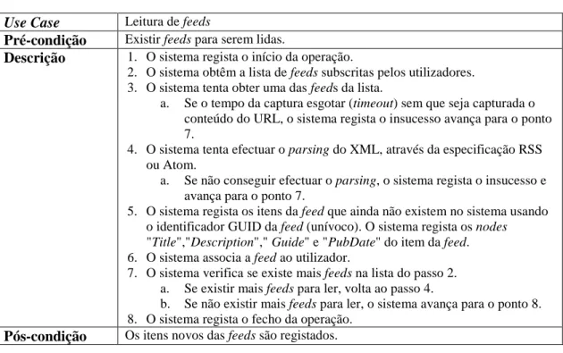Tabela 3-3 Ler informação das feeds  Use Case  Leitura de feeds 