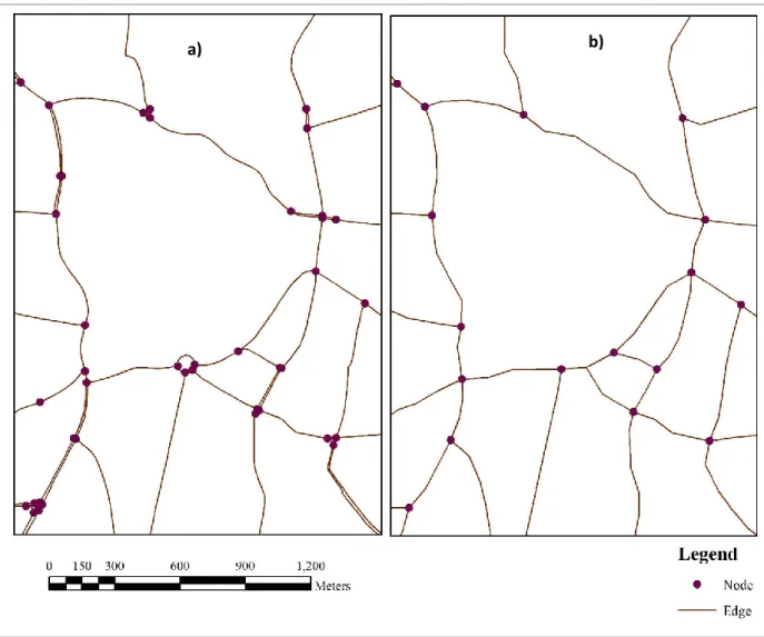 Figure 5: Small section of the road network data used a) Downloaded road network data b) Road network data after  performing preprocessing steps