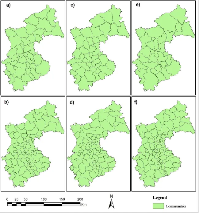 Figure 8: Communities detected on the unweighted and weighted road network by different algorithms