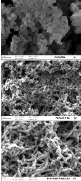 Figure 4. FTIR spectra of Pt-PHEMA (a), Pt-PANI:CSA (b) and Pt-PHEMA-PANI:CSA (c).