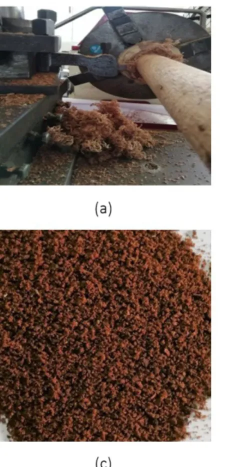 Figure 1. a) Turning operation carried out on the lathe machine to extract the fibers from the bark, b) Alkali treated and dried fibers in  the form of long strands, c) Coarse fiber particles (magnification 10 X), d) Fine fiber particles (magnification 10 