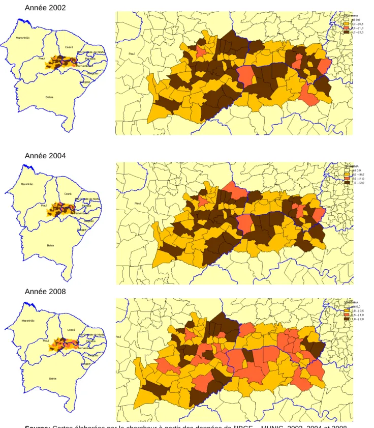 Figure  9  -  Cartes  de  l’évolution  du  nombre  de  Secrétariats  à  l’Environnement  des Municipalités (SMMA), exclusifs ou non, dans la Méso-région du Plateau de  (2002, 2004 et 2008)