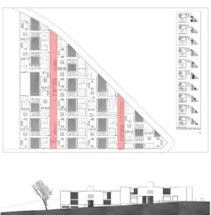 Figura 26 – (em cima) Planta do superior com as duas  galerias de circulação assinaladas a vermelho;  