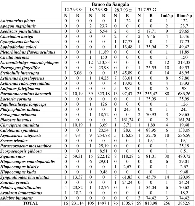 TABLE 3 - List of species obtained Station II. N - number of individuals, B - biomass (g).