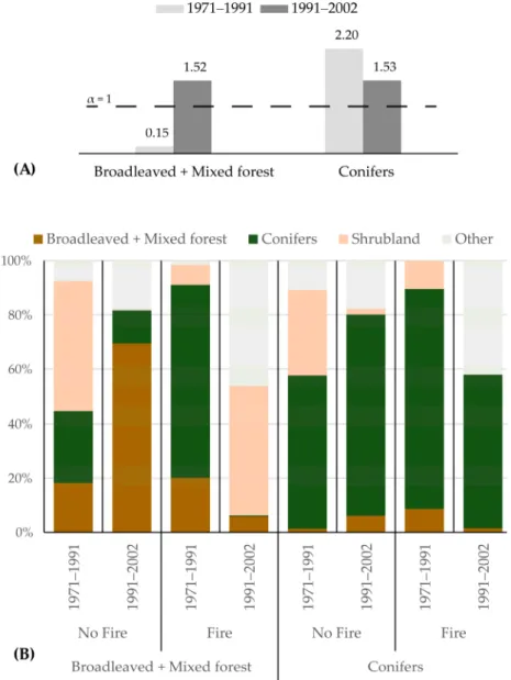 Figure 8. Fire selectivity index in the Ayllón massif, based on Manly’s index [76] (A) and Forest  composition transitions in areas with and without fire in the Ayllón massif for the 1971–1991 and  1991–2002 periods (B)