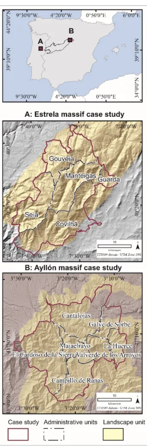 Figure 1. Map of the case study areas—Estrela massif (A, approx. 58 thousand hectares) and Ayllón  massif (B, approx