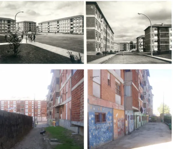 Fig. 1  Lagarteiro neighborhood in the 1970s and in 2009 where can be seen the degradation of the public space and  buildings (photos from the municipality archive and by PTP)