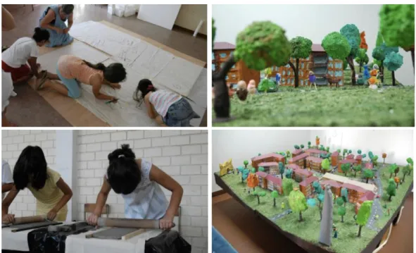Fig. 2    Workshop “My Neighborhood in Town”, with children from Lagarteiro’s Pre-school Social Center—Model of the  buildings and the surrounding area of the neighborhood, November 2010 (photos taken from the IHRU activities report)