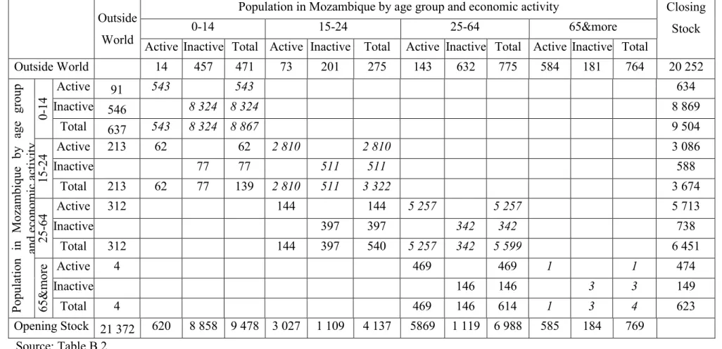 Table 8: SDM for Mozambique in 2007 - second level of disaggregation: by age group and economic activity