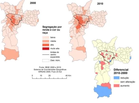 Figura 4. Segregação por renda combinada com a cor ou raça, de acordo com o Índice de Concentração nos Extremos agrupado em classes, para os Censos de 2000  e 2010 e o diferencial da segrega-ção entre os dois Censos.