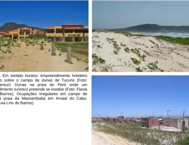 Figura  8.  Em  sentido  horário:  empreendimento  hoteleiro  construído  sobre  o  campo  de  dunas  de  Tucuns  (Foto: 