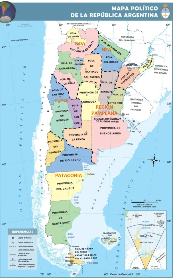 Figura 1. Regiones geográficas operativas de la Argentina (adaptado). Fuente: http://mapoteca.educ.ar/.files/index.html.1.27.html.CUYO NOA NEA REGIÓN PAMPEANA PATAGONIA 