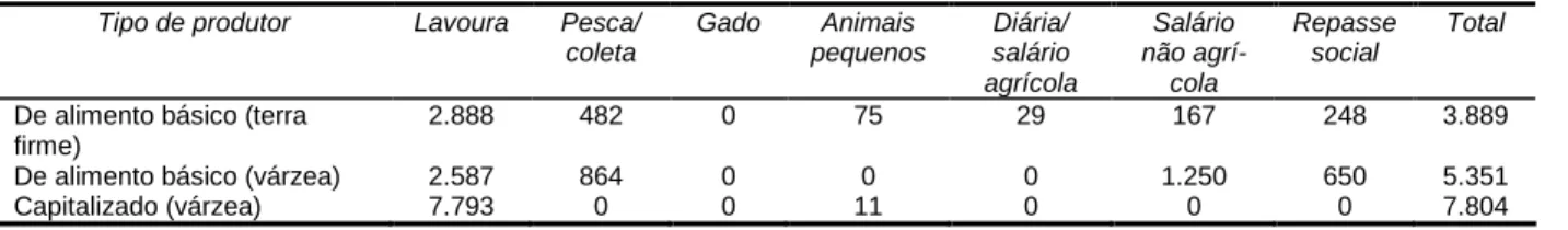 Tabela 8. Renda anual por fonte de pequenos produtores ribeirinhos (R$ 2002*). 
