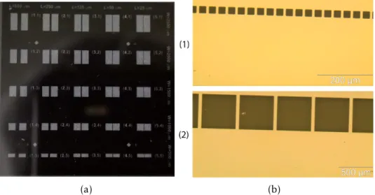 Figure 3.5: Single-step patterning lithography masks (a) rectangular contacts mask, (b) square contacts mask (1) 10µm spacing squares with 25 µm dimensions (2) 50µm spacing squares with 500µm dimensions.