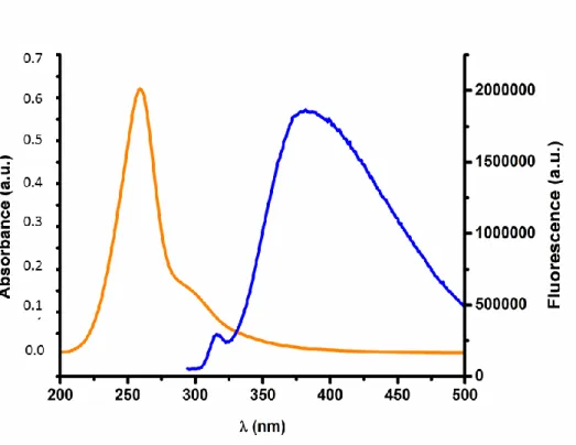 Figure  3.13 Fluorescence vs  Absorbance  of  the final nanoparticles. The  emission  band  can be denoted at 384 nm (orange line) and the absorption band can be seen at 300 nm (blue  line)