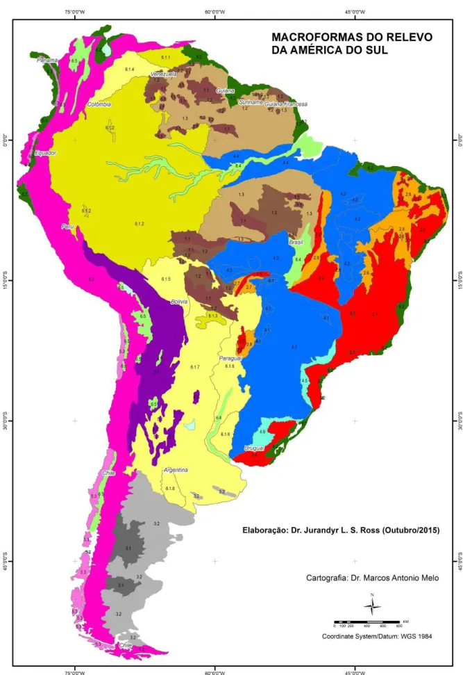 Figura 2. Mapa do relevo da América do Sul: nova compartimentação (legenda a seguir). 