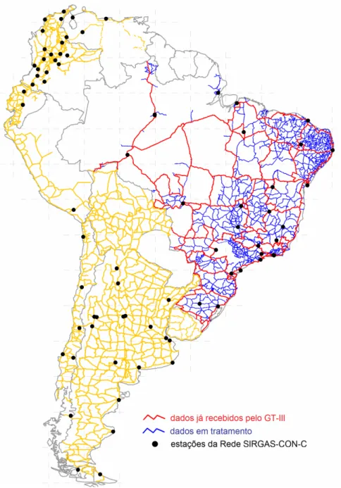 Figura 3. Redes de nivelamento sul-americanas e estações permanentes GNSS. Fonte: adaptado de SIRGAS (2011)