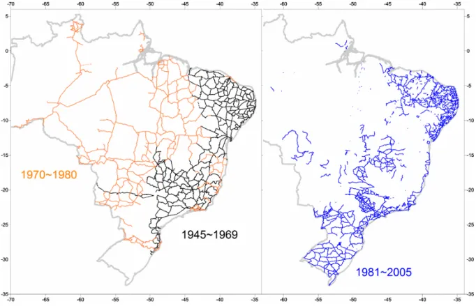 Figura 4. Evolução temporal da RAAP (Fonte: Luz, 2008). À esquerda: RRNN estabelecidas de 1945 a 1969,  em preto – progredindo do litoral sul em direção nordeste – e de 1970 a 1980, em laranja, quando se iniciou a  interiorização do nivelamento