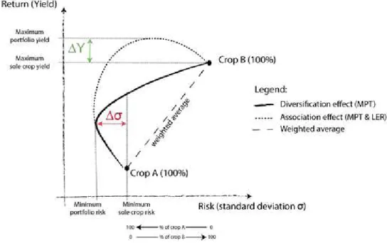 Figure  1:  Possible  return  and  risk  combinations  for  a  theoretical  intercropping  system  for  different proportions of crop A and  crop  B