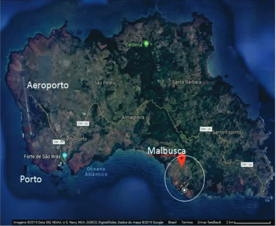 Figura 5 - Localização da região onde será instalado o Espaçoporto do Açores  (Malbusca, Santa Maria) e principais instalações da ilha