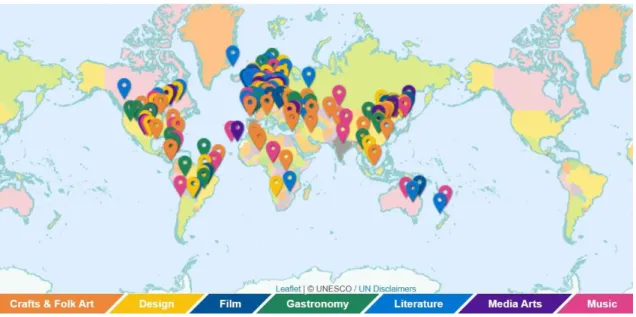 Figura 1 – Mapa mundial das Cidades Criativas da UNESCO 