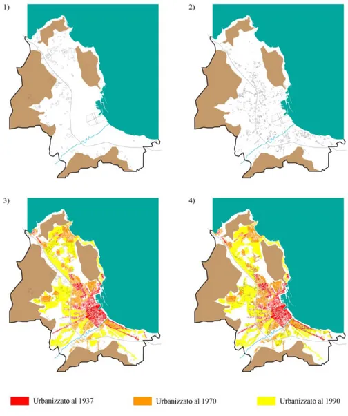 Figure  1-4.  Forme  residenziali  recintate  a  Palermo:  lottizzazioni  recintate  (1);  condomini  recintati  (2); lottizzazioni recintate e fasi di  urbanizzazione (3); condomini  recintati e fasi  di  urbanizzazione (4)