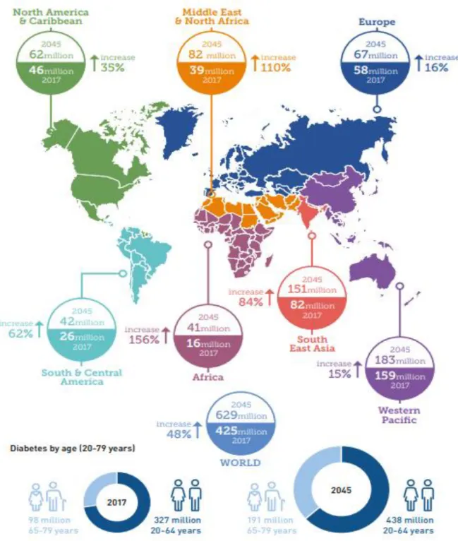 Figura 9 - Número de pessoas com DM em todo o mundo e por região entre 2017 e 2045 (20 a 79 anos) 