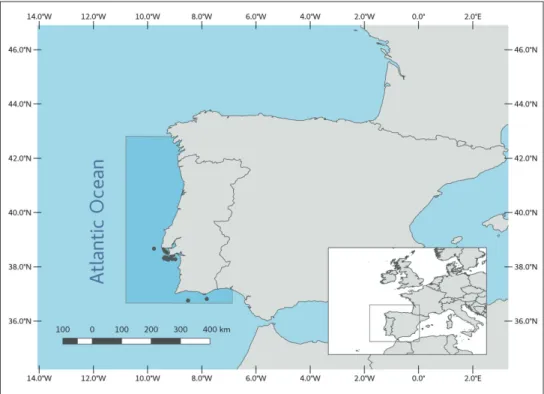 Figure 4. Geographic area covered by the collection (in darker blue). Plots indicate sites for the 29 geo- geo-referenced records.
