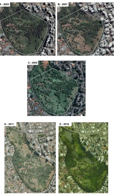Figura 5. Presença de vegetação e hidrografia em 2005 (A), 2007 (B), 2009 (C), 2011 (D), 2016 (E) do  parque Zoológico de Goiânia