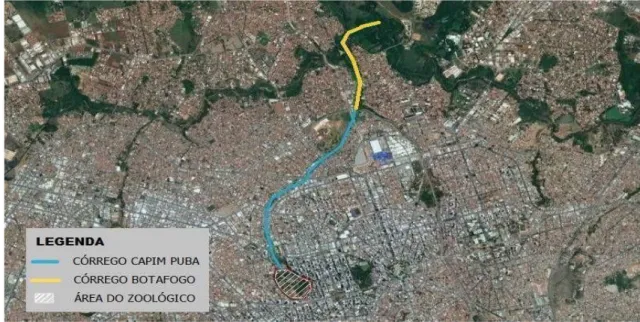 Figura 7: Percurso do córrego capim-puba desde sua nascente até sua foz no córrego Botafogo