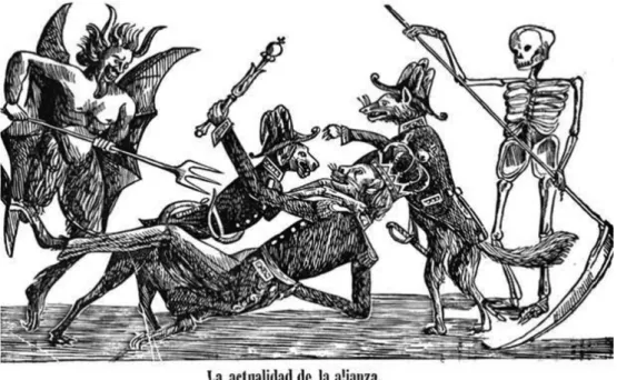 Figura 1 – Os aliados (Brasil, Argentina e Uruguai) sendo retratados como animais  (o gato, o cachorro e a raposa) em constantes desavenças e rodeados pela morte e 