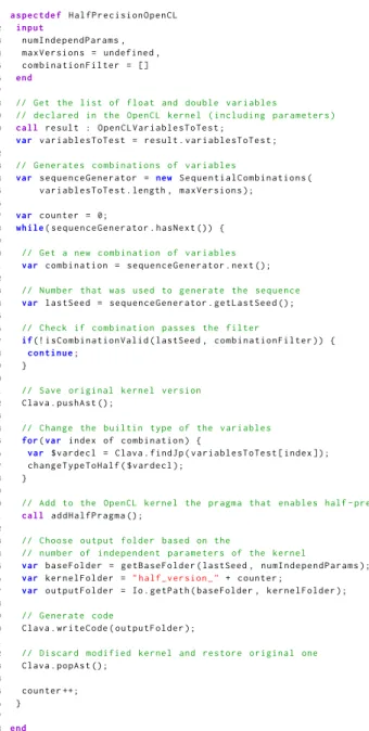 Figure 1: LARA aspect that generates alternative versions of OpenCL kernels using different types for the input  parame-ters and the kernel body variables.